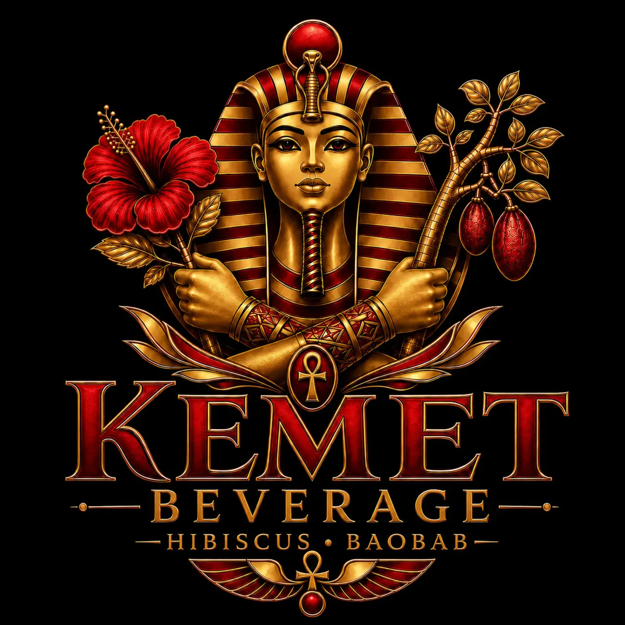 Gold and red Kemet Beverage emblem with crossed hands holding hibiscus and baobab