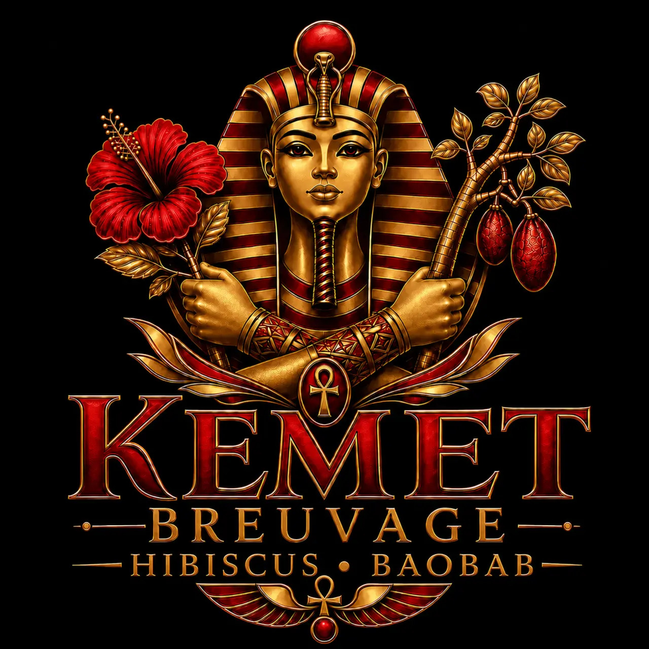 Emblème Kemet Breuvage doré et rouge avec mains croisées tenant l’hibiscus et le baobab