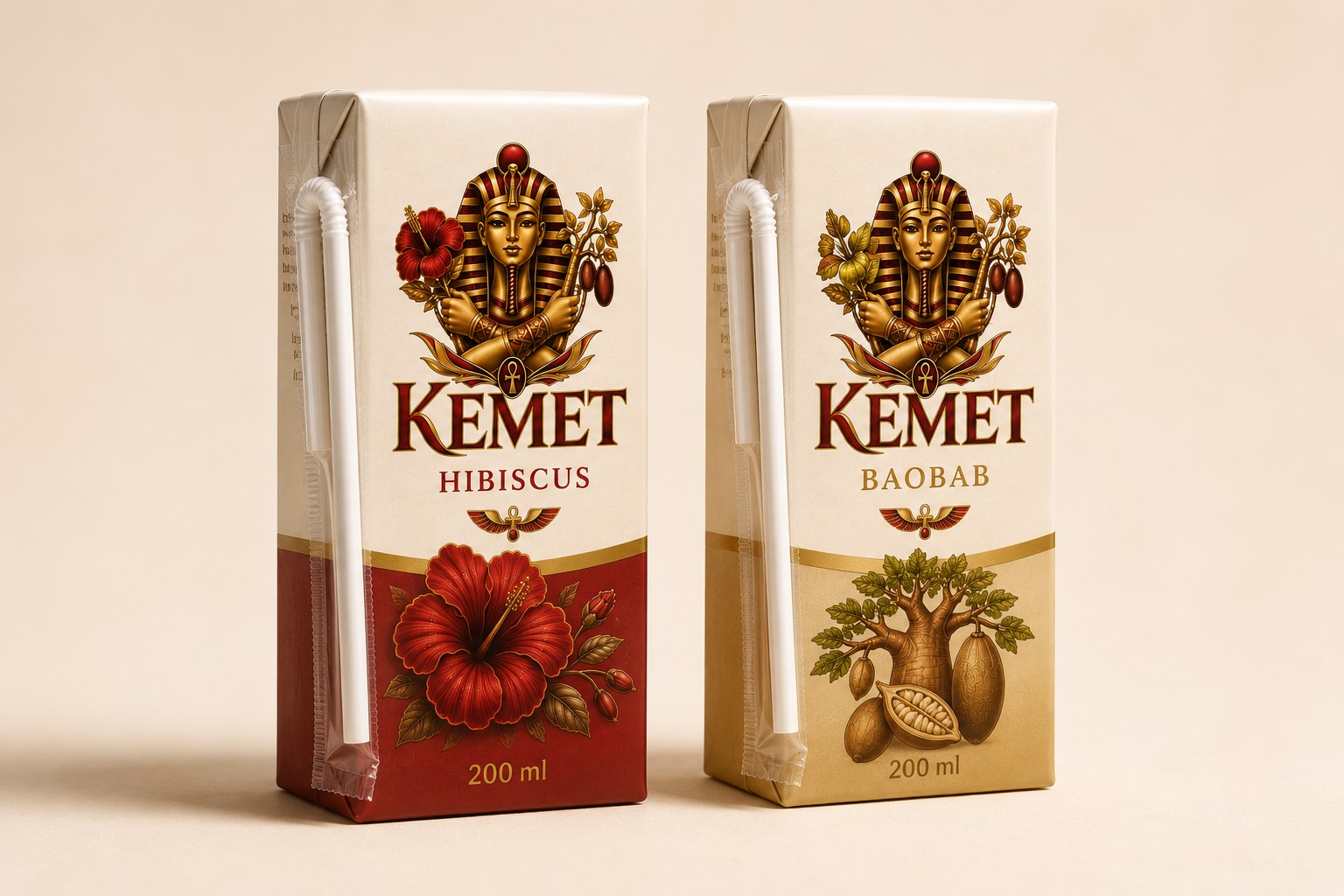 Deux briques Kemet de 200 ml avec paille coudable emballée : hibiscus rouge et baobab crème